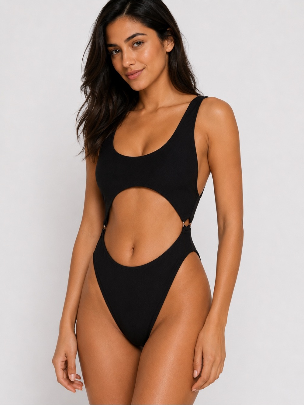 Good American Always Fits Monokini Textured Side Ring One Piece Swimsuit Black
